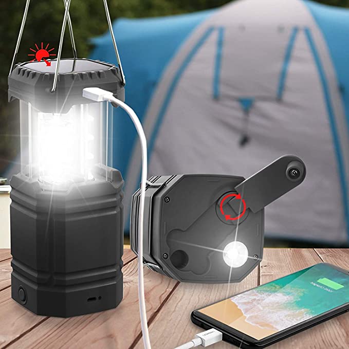 Solar Camping Handkurbel Laterne Schwarz, Tragbare Ultrahelle LED-Taschenlampe mit Akku