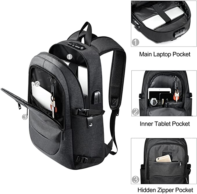 Laptop Rucksack Herren Wasserbeständig Anti-Diebstahl Schule Uni Rucksack mit USB-Lade-Anschluss und Schloss 14/ 15,6-Zoll-Laptop-Tasche für Damen Jungen Freizeit Arbeit Reisen Backpack Schwarz