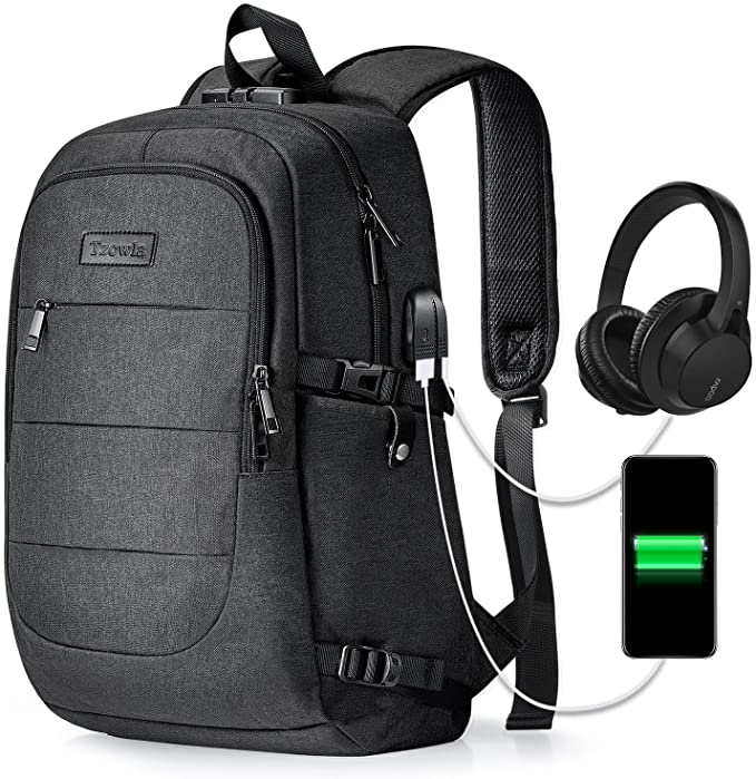 Laptop Rucksack Herren Wasserbeständig Anti-Diebstahl Schule Uni Rucksack mit USB-Lade-Anschluss und Schloss 14/ 15,6-Zoll-Laptop-Tasche für Damen Jungen Freizeit Arbeit Reisen Backpack Schwarz