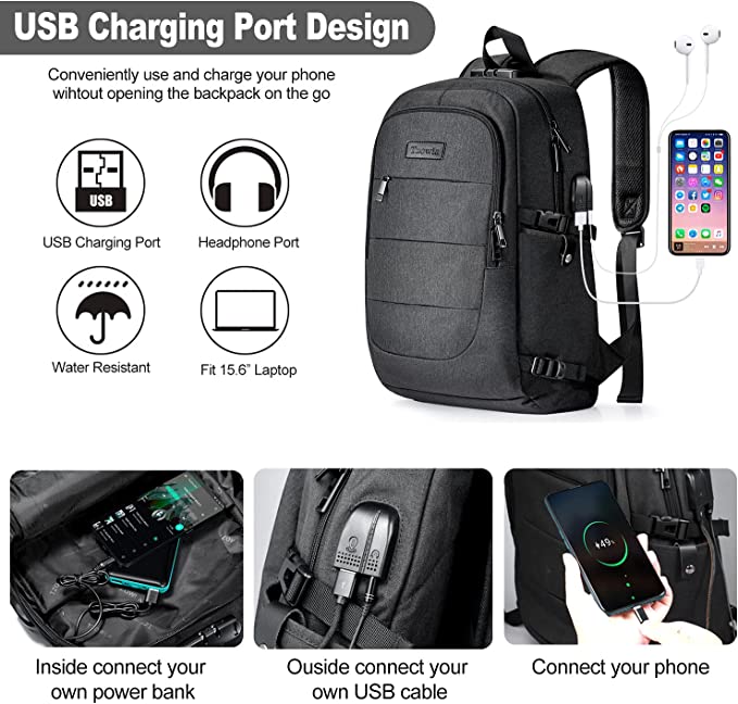 Laptop Rucksack Herren Wasserbeständig Anti-Diebstahl Schule Uni Rucksack mit USB-Lade-Anschluss und Schloss 14/ 15,6-Zoll-Laptop-Tasche für Damen Jungen Freizeit Arbeit Reisen Backpack Schwarz